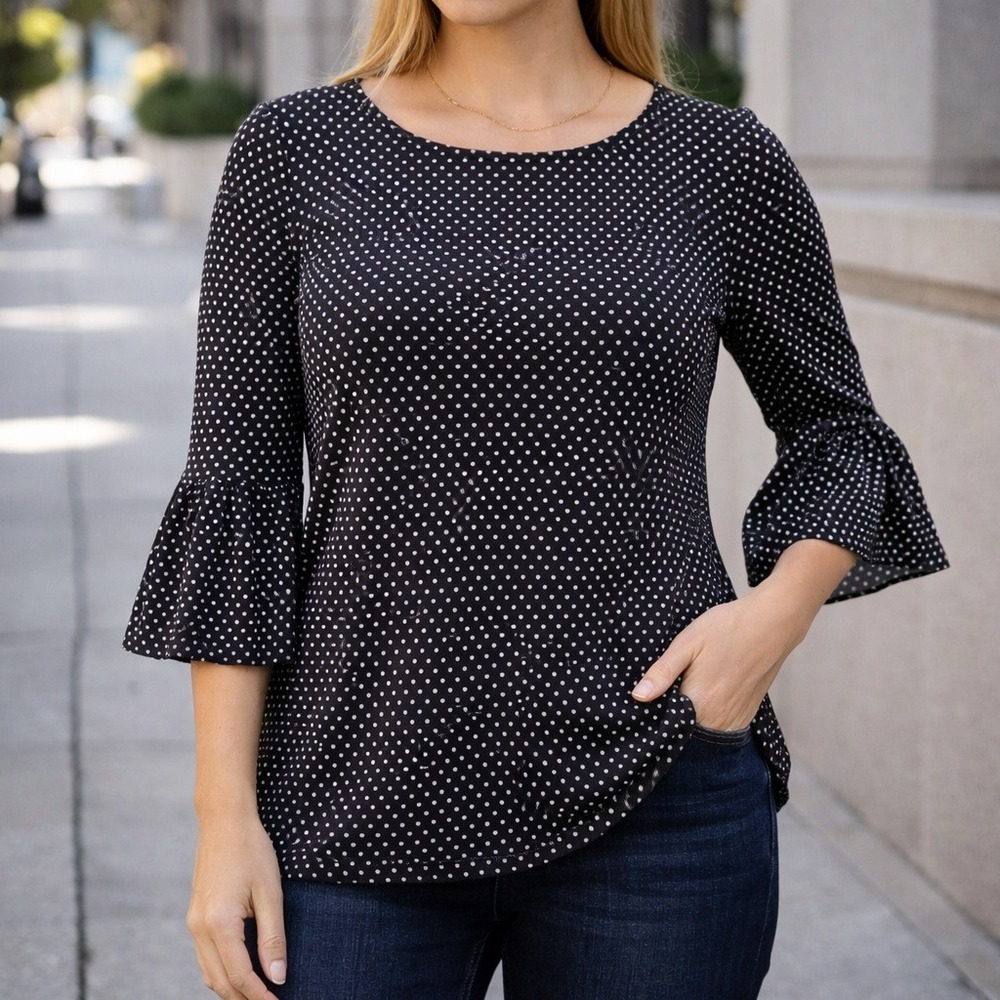 Talbots Petite Polka Dot Bell Sleeve Knit Blouse Black White Top Women's Size SP